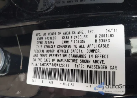 2011 Honda Accord 2.4 Ex-L z USA, uszkodzony, nr VIN 1HGCP2F80BA125192